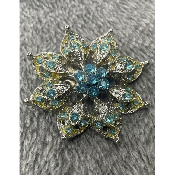 Aqua Blue Rhinestone Brooch Yellow/Green Accents Silver Tone 1.75" Round Pin - Picture 3 of 11